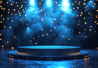 Empty, dark, circular pedestal stage with blue spotlights and glittering particles