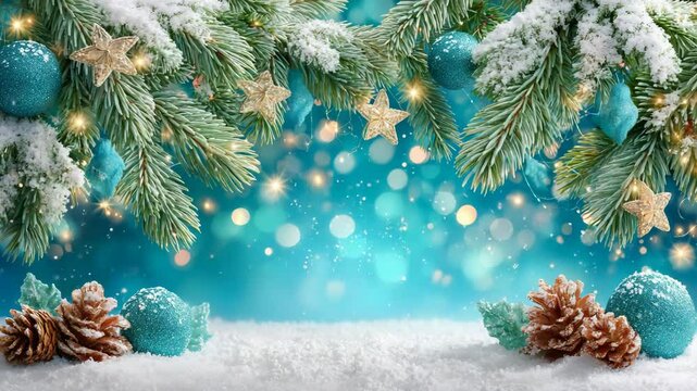 christmas holiday fir branch decoration background, snowy pine tree with blue baubles golden stars and festive bokeh lights perfect for greeting card seasonal design and winter celebration