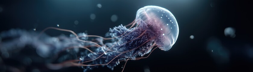 Fototapeta premium Jellyfish swimming gracefully in dark ocean environment close-up