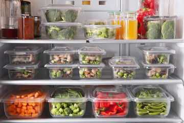 Organized refrigerator filled with healthy meal prep containers