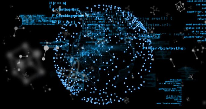 On startup data globe emerging rotating while code scrolling and shapes pulsing visualizing flow