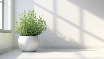 Minimalist room with potted plant Sunlight streams through window