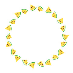 Summer watermelon circle frame, Food illustration, Tropical yellow fruit image for poster, flyer, greeting postcard, invitation. 