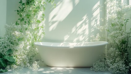 White bathtub surrounded by greenery and white flowers