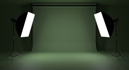 Empty photo studio with smooth green paper and left and right light boxes combine elegant light
