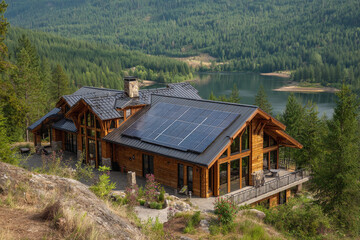 Obraz premium Stunning modern cabin with solar panels in lush forested setting