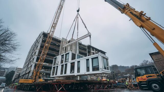Sustainable architecture process modular building construction, modular building construction with crane, modular building construction in smart city project