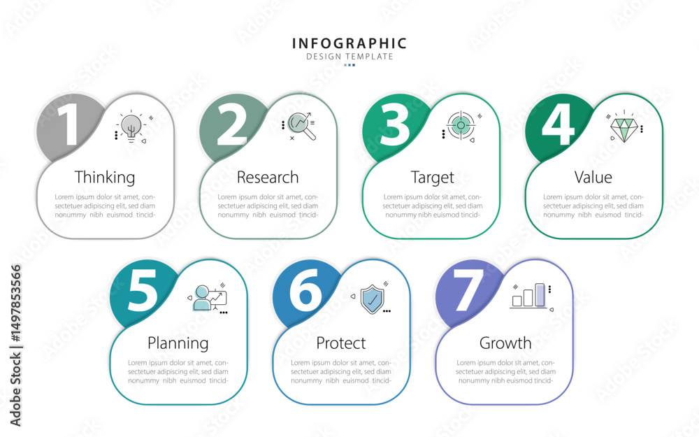 Aufkleber Timeline Creator infographic template. 7 Step timeline journey, calendar Flat simple infographics design template. presentation graph. Business concept with 7 options, vector illustration.