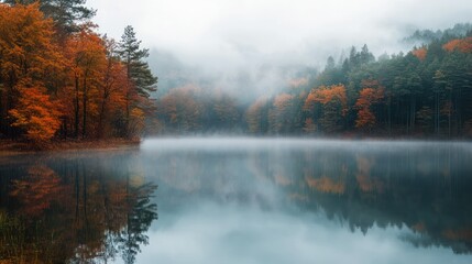 Calm lake reflecting autumn trees under foggy skies.