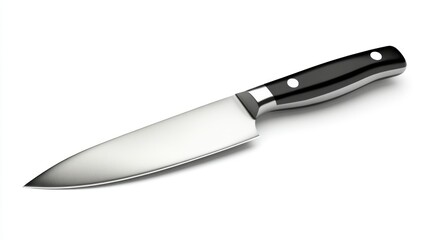 A shiny chef's knife with a black handle on a white background.