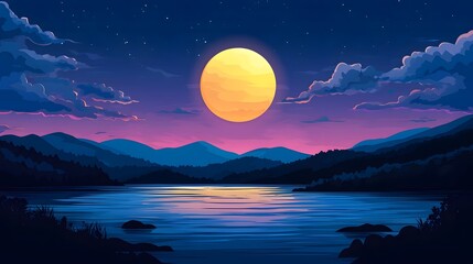 Glowing full moon over a serene mountain lake at night