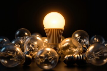 Illuminated LED light bulb among unlit incandescent bulbs, digital art style, on dark background. Concept of innovation, leadership, and creative ideas. Ai generative