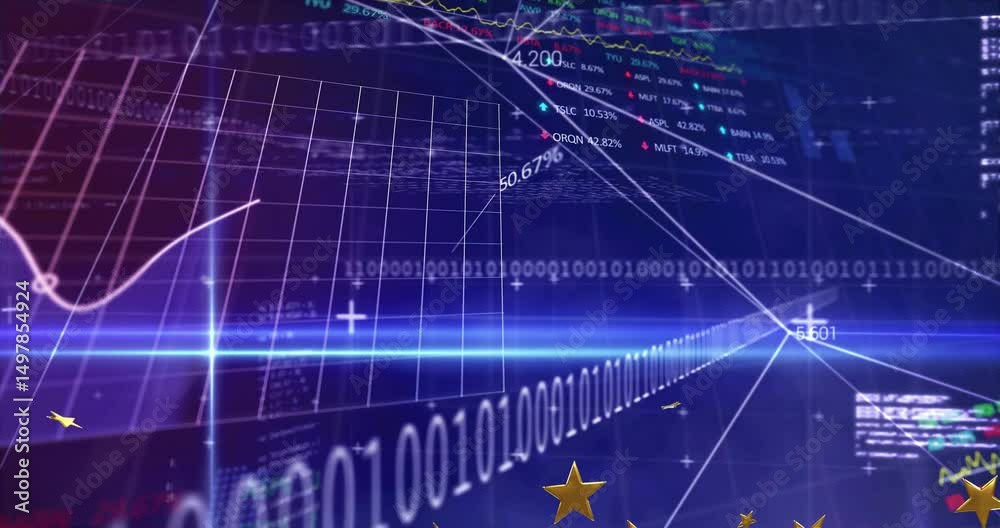 Poster intersecting beams starting 3d code streaming and stars forming rising stock graph for data insight
