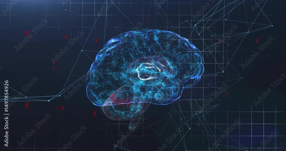 Poster upon emerging glowing 3d brain rotating via side and front view pulsing networks to visualize data