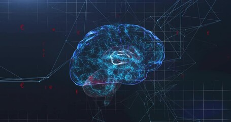 Upon emerging glowing 3D brain rotating via side and front view pulsing networks to visualize data - Powered by Adobe