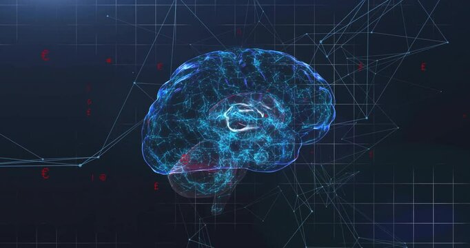 Upon emerging glowing 3D brain rotating via side and front view pulsing networks to visualize data
