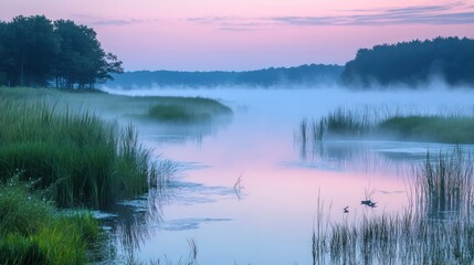 Misty landscape with lake, trees, and reeds in serene pastel colors