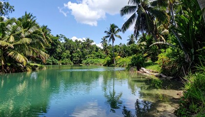 Serene Tropical Lagoon Surrounded by Lush Vegetation and Palm Trees