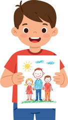 Obraz premium Boy holding colorful family drawing with sun and clouds happy child artwork vector illustration
