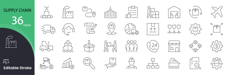 Supply chain related icons set. Including logistics, warehouse, delivery, transport, inventory, freight, distribution, and tracking. Editable stroke. outline icons.