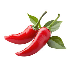 Two vibrant red chili peppers with green leaves