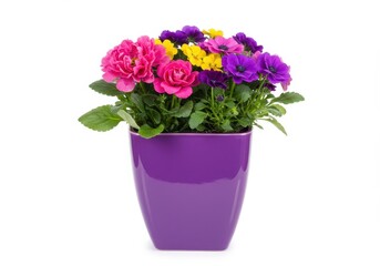 Colorful pansies in purple pot isolated on white background
