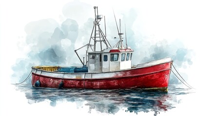 Fishing boat watercolor illustration isolated on transparent

