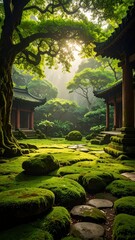 Tranquil Ancient Temple Courtyard Surrounded by Lush Greenery
