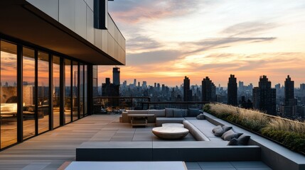 Modern rooftop terrace overlooking city skyline at sunset.