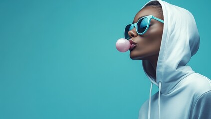 Stylish woman blowing bubble gum (1)