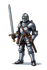 Fototapeta premium Cartoon knight warrior with sword and armor, medieval character isolated on white