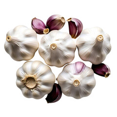 A top down view of several heads of garlic and some garlic cloves on a black background surface