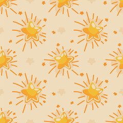 Cute hand-drawn pattern with stars. A magical background with drawings of the sky for the decor of a children's room, fabric, wallpaper, wrapping paper, clothes, gifts, textiles.
