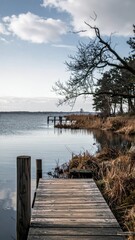 Obraz premium Tranquil Scenic View with Dock and Natural Background Elements