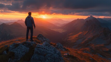 A determined businessman ascends a rugged mountain peak, his silhouette framed against a vibrant sunrise, his gaze fixed on the horizon, a symbol of perseverance, leadership, and the indomitable 