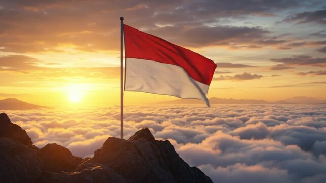 Indonesian flag on the top of the mountain