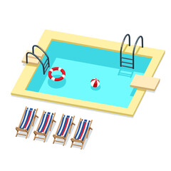 Rectangular pool with diving board, striped chairs, inflatable ball and lifebuoy. Clean and colorful summer isometric style