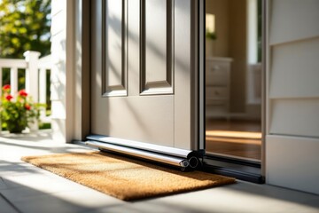 Exterior door sweep replacement on wooden door, renovation enhancing porch aesthetics. Concept of inviting space, exterior door sweep replacement asserting charm and warmth.