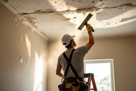 Man on ladder using squeegee for ceiling popcorn removal, renovation. Concept of ceiling popcorn removal with focus on cleaning and combating mildew and moisture.