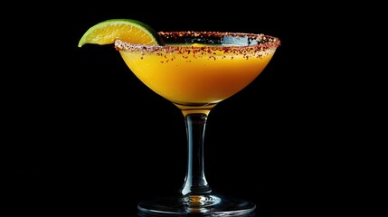 Refreshing mango margarita cocktail garnished with lime and chili powder.