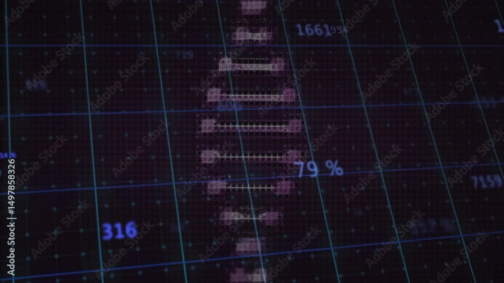 Poster upon opening dark grid display, pixel helix extending rotating showing labels visualizing data flow