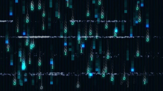On start glowing binary code cascading, glitch bars shifting and teal pixels pulsing for distortion
