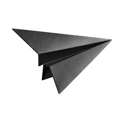 A meticulously crafted, dark grey paper airplane, rendered in sharp detail against a stark black background, suggesting a sense of sleekness and simplicity