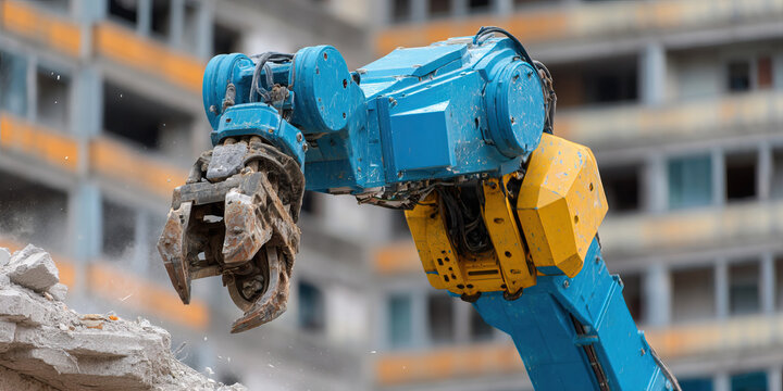Autonomous robotic demolition claw breaking concrete debris with blurred building background in daylight