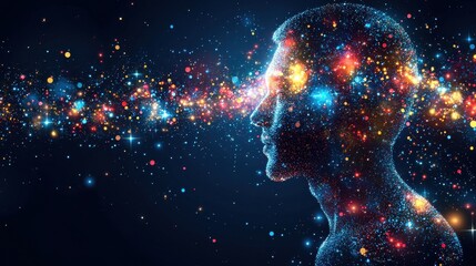 A flat-style man, his face illuminated with an inner glow, gazes into the depths of thought as a vibrant bubble of ideas materializes above his head, symbolizing the power of brainstorming, 