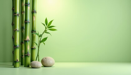Fototapeta premium A green background with bamboo and rocks