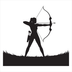 Black Silhouette of Female Archer Aiming Bow Standing Side View