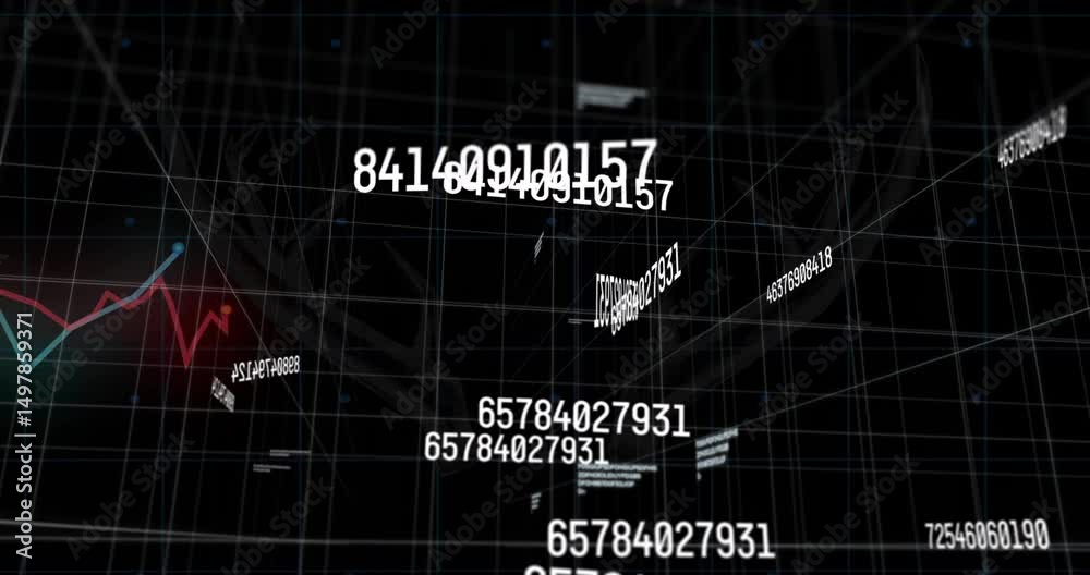 Poster grid forming and numbers floating while line graphs streaking camera rotating visualizing antlers
