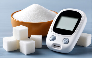 Blood glucose meter with sugar cubes and bowl of sugar representing insulin and diabetes care concept