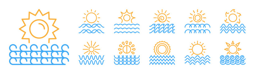 Sun and waves yellow and blue icon set. Sunrise, sunset, sunshine, sunlight, sunburst symbol. Line sign collection. Summer weather. A design element. Isolated on a white background. Editable stroke.